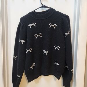 Nanette Lepore Black Crewneck Sweater with White Bow Embroidery